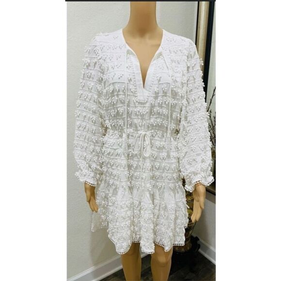 Farm Rio White Textured Mini Dress, Beaded Tassels- Size Small - Picture 2 of 14